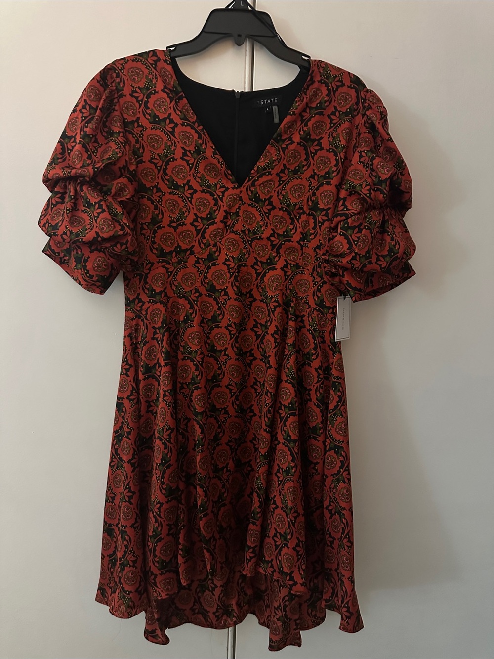 1. State Rust Red Paisley V-Neck Puff-Sleeve Mini Dress